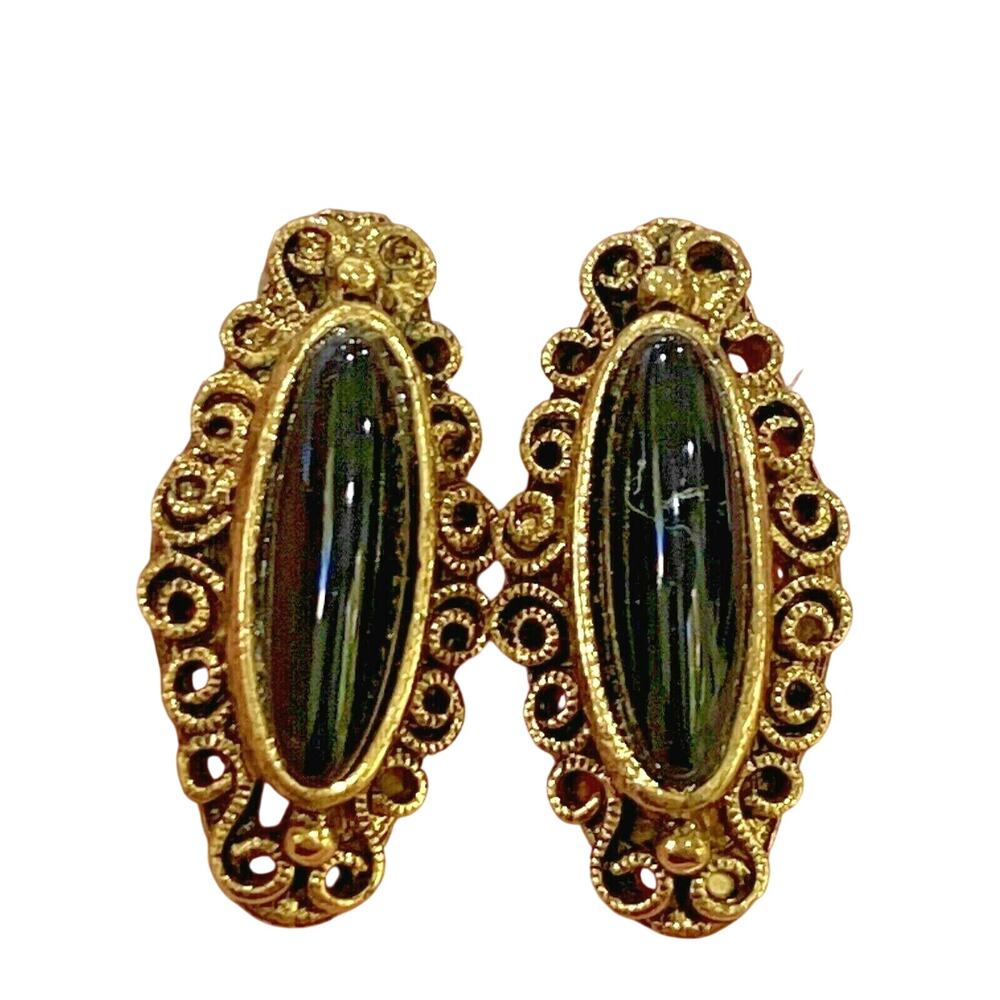 Vintage Vogue Pierced Earrings Ornate Gold Tone & Black Stone Slim 1950s Classic
